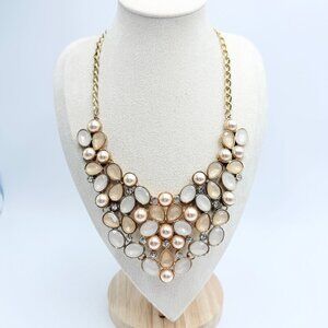 New York & Co Gold Tone Faux Pearl & Rhinestone Bib Statement Necklace